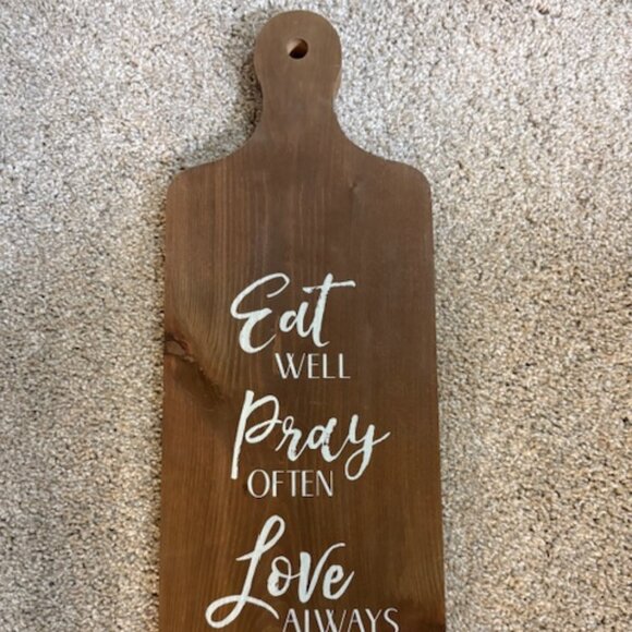 WOOD "EAT/PRAY/LOVE" KITCHEN CUTTING BOARD WALL DECOR. 19"X7" - Picture 1 of 5